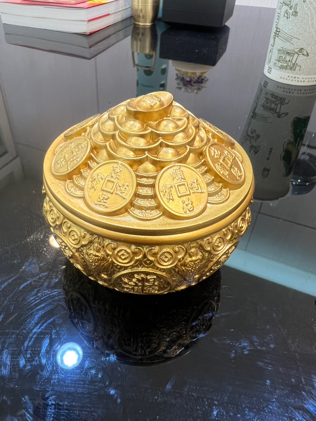 LADUTA 拉布塔】4寸黃銅金蟾聚寶盆帶蓋招財擺件客廳店鋪裝飾品存